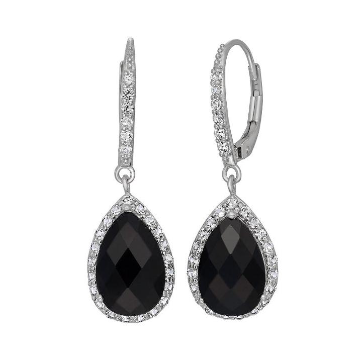 Onyx And Lab-created White Sapphire Sterling Silver Halo Teardrop Earrings, Women's