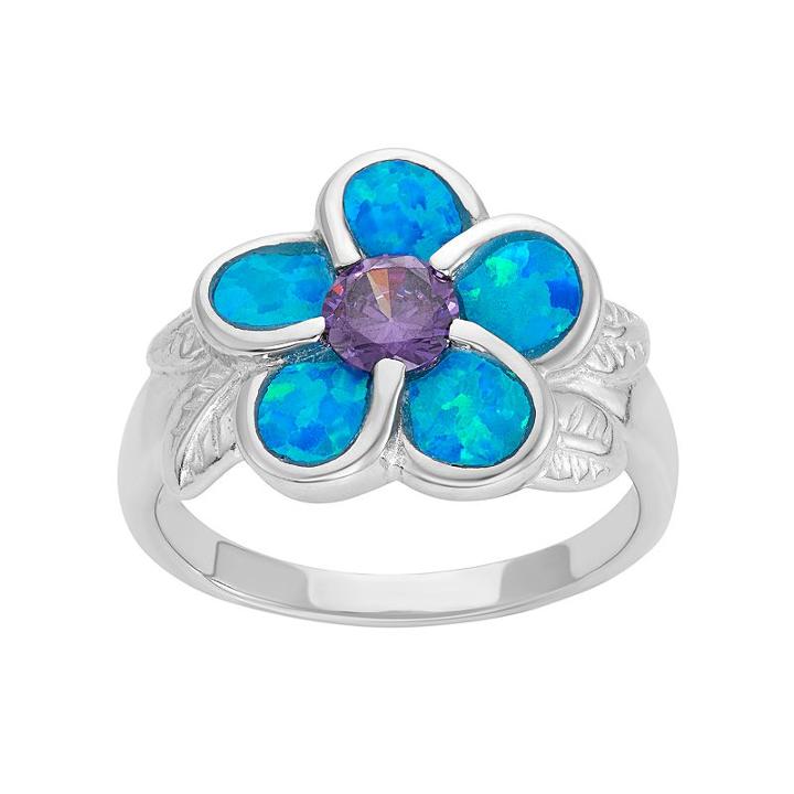 Lab-created Blue Opal & Cubic Zirconia Sterling Silver Flower Ring, Women's, Size: 8, Multicolor