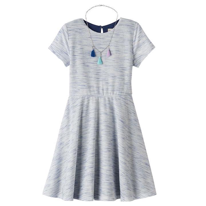 Girls 7-16 Four Threads Space-dyed Skater Dress With Removable Tassel Necklace, Girl's, Size: 10, Blue (navy)