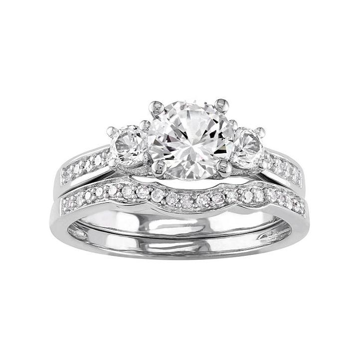 10k White Gold Lab-created White Sapphire & 1/6 Carat T.w. Diamond Engagement Ring Set, Women's
