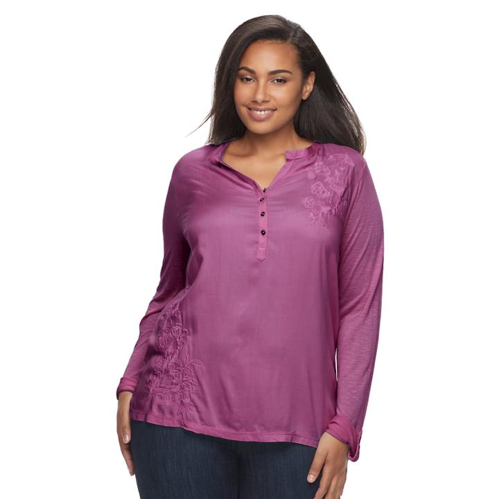 Plus Size Sonoma Goods For Life™ Embroidered Henley Peasant Top, Women's, Size: 2xl, Med Purple