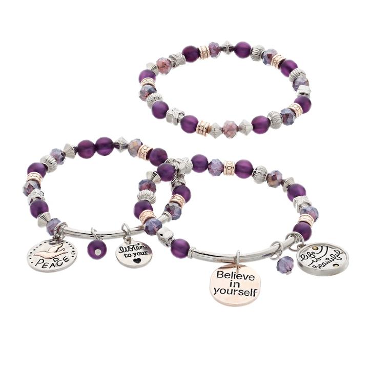 Life Is Beautiful Stretch Bracelet Set, Women's, Purple