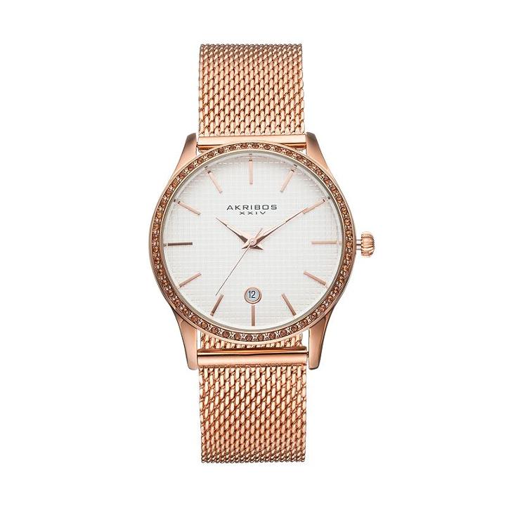 Akribos Xxiv Women's Glimmer Crystal Stainless Steel Mesh Watch, Pink
