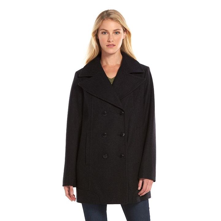 Women's Am Studio By Andrew Marc Double-breasted Wool-blend Peacoat, Size: 8, Black