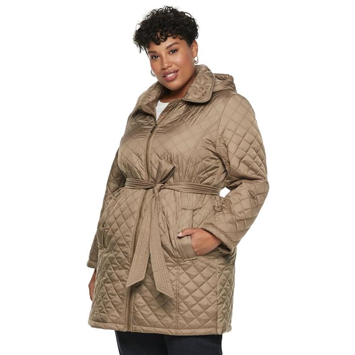 Plus Size Tower By London Fog Hooded Quilted Belted Jacket, Women's, Size: 1xl, Brown