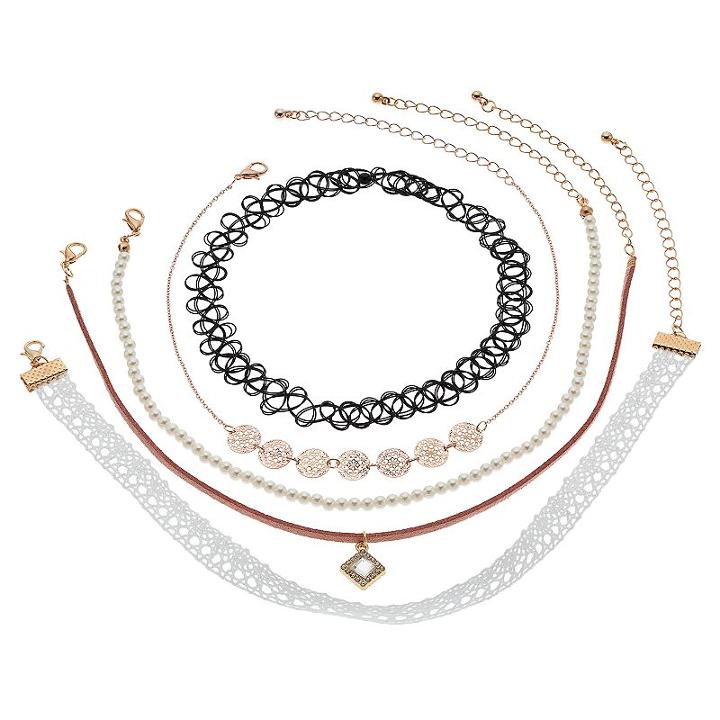 Mudd&reg; Lace, Medallion, Simulated Pearl & Tattoo Choker Necklace Set, Women's, Pink