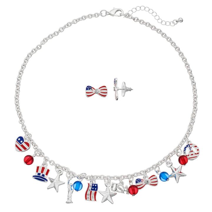 Usa Flag Necklace & Bow Stud Earrings Set, Women's, Multicolor