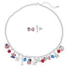 Usa Flag Necklace & Bow Stud Earrings Set, Women's, Multicolor