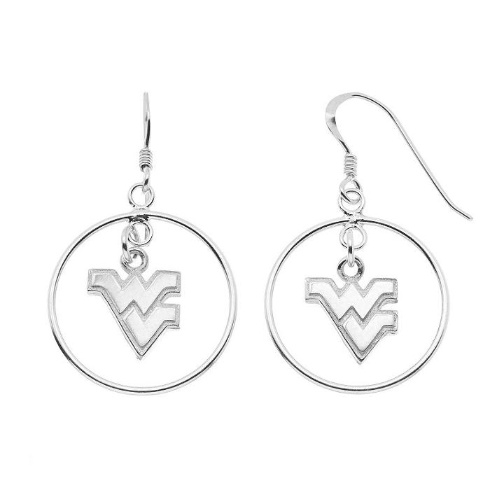 Dayna U West Virginia Mountaineers Sterling Silver Logo Charm Hoop Drop Earrings, Women's, Grey