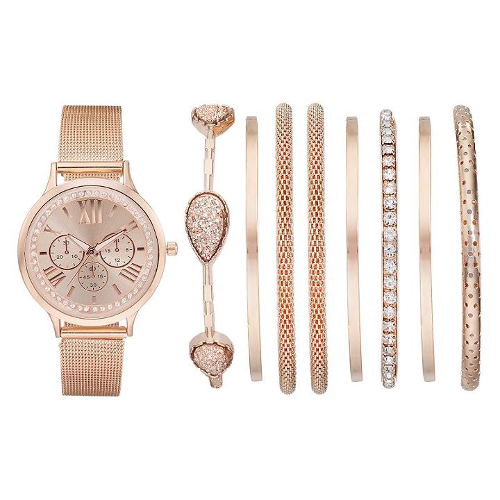 Women's Crystal Mesh Watch & Bangle Bracelet Set, Size: Medium, Pink