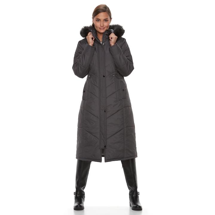 Women's Kc Collections Long Hooded Faux-fur Trim Puffer Jacket, Size: Small, Grey Other