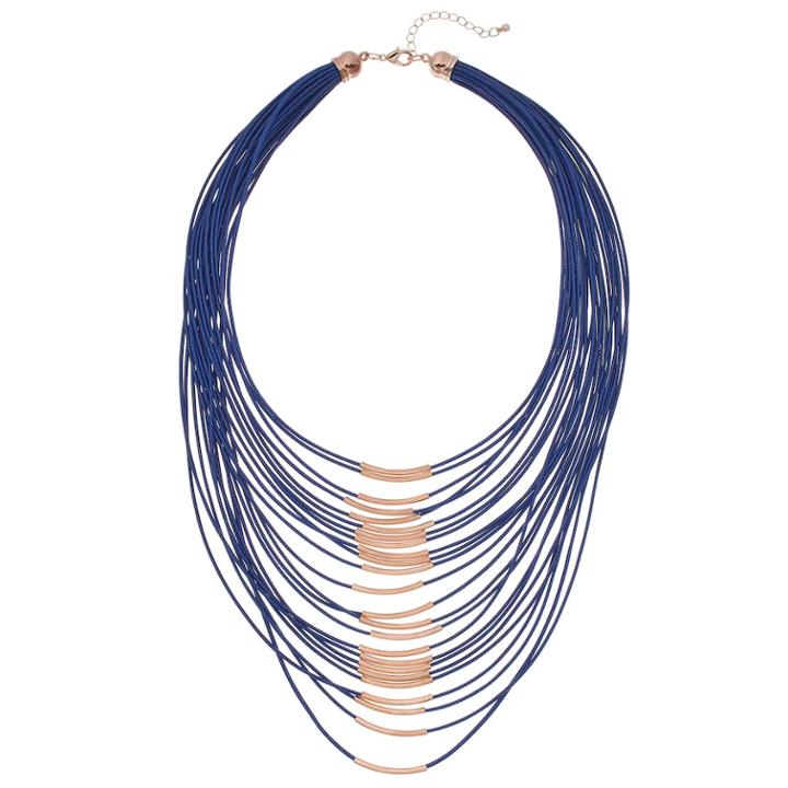 Blue & Rose Gold Tone Bar Multi Strand Statement Necklace, Women's, Navy