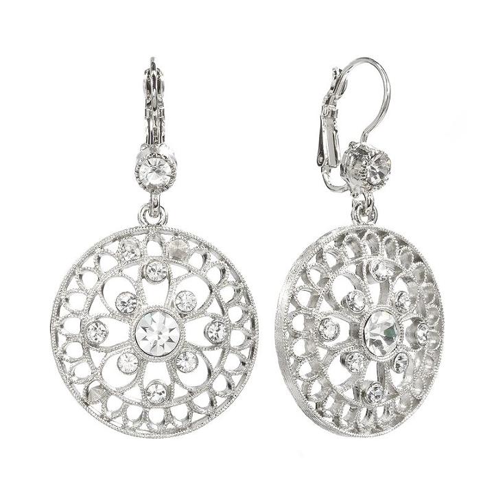 1928 Silver Tone Crystal Filigree Circle Drop Earrings, Women's, Grey