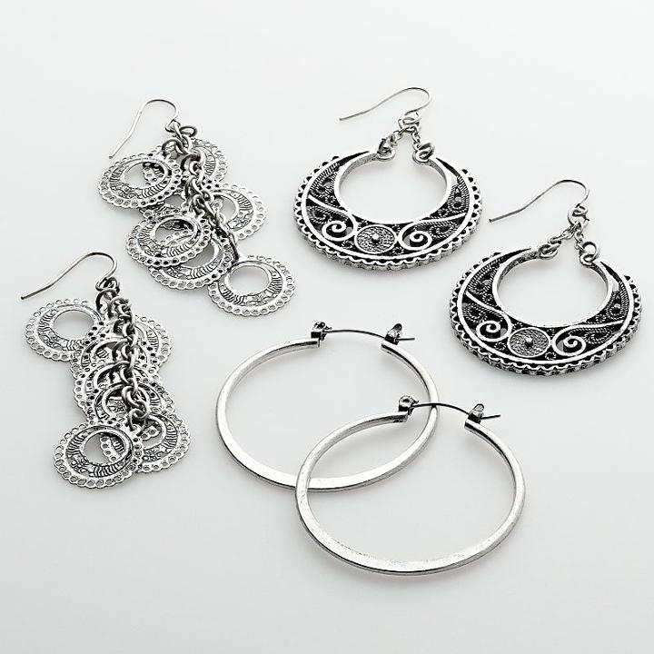 Mudd&reg; Silver Tone Filigree And Linear Drop And Hoop Earring Set, Women's, Grey