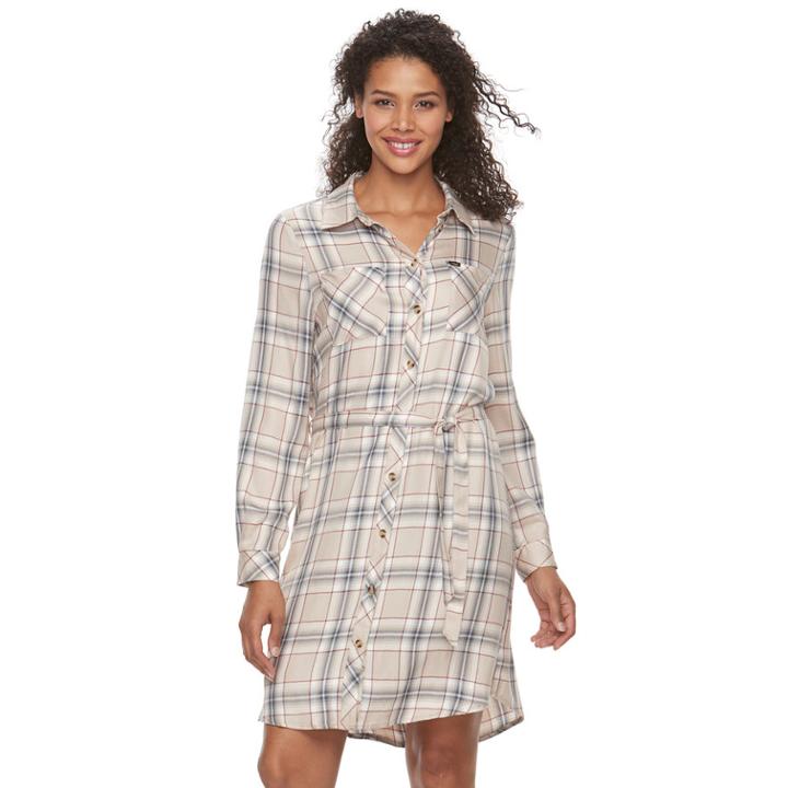 Women's Lee Plaid Shirt Dress, Size: Small, Beig/green (beig/khaki)