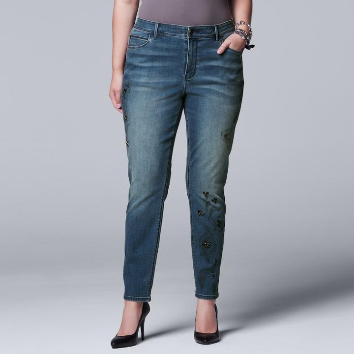 Plus Size Simply Vera Vera Wang Printed Embellished Skinny Jeans, Women's, Size: 24 W, Med Blue