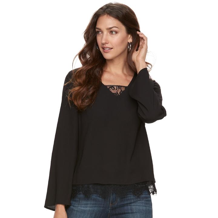 Women's Apt. 9&reg; Lace-hem Popover Top, Size: Medium, Black