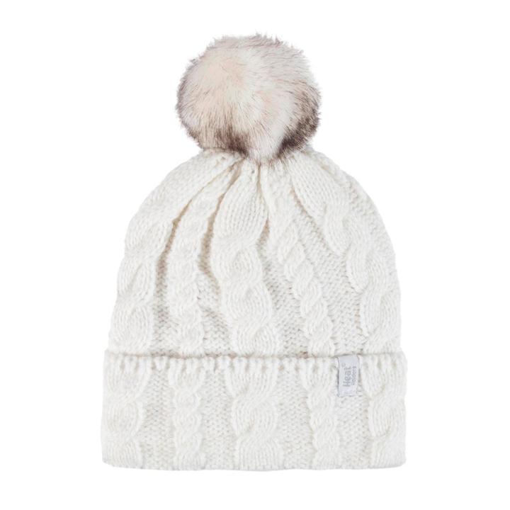 Women's Heat Holders Cable Knit Rolled Pom Pom Beanie, White Oth