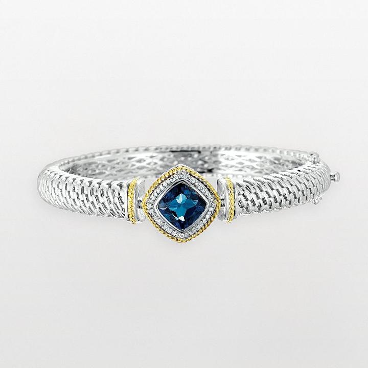 14k Gold And Sterling Silver 1/8-ct. T.w. Diamond And London Blue Topaz Bangle Bracelet, Women's