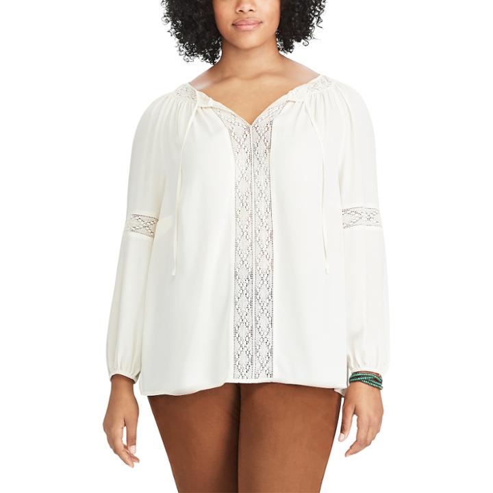 Plus Size Chaps Lace-trim Georgette Peasant Top, Women's, Size: 2xl, White