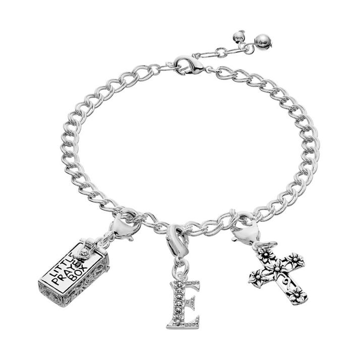 Silver Plated Crystal Cross, Prayer Box & Initial Charm Bracelet, Women's, White