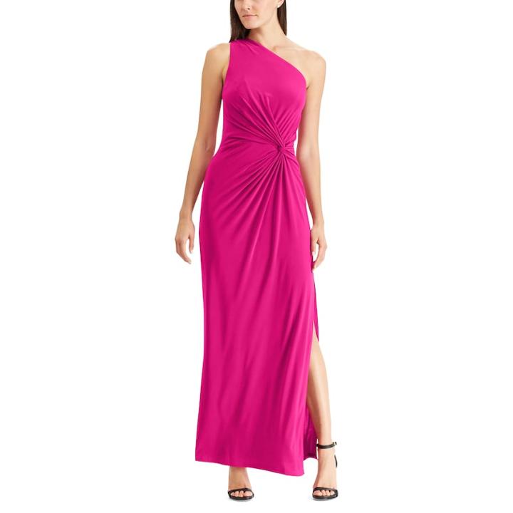 Women's Chaps One-shoulder Gathered Evening Gown, Size: 12, Pink