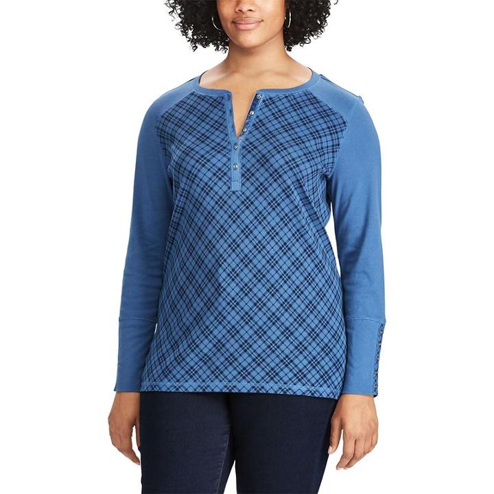 Plus Size Chaps Plaid Henley Long Sleeve Top, Women's, Size: 3xl, Blue
