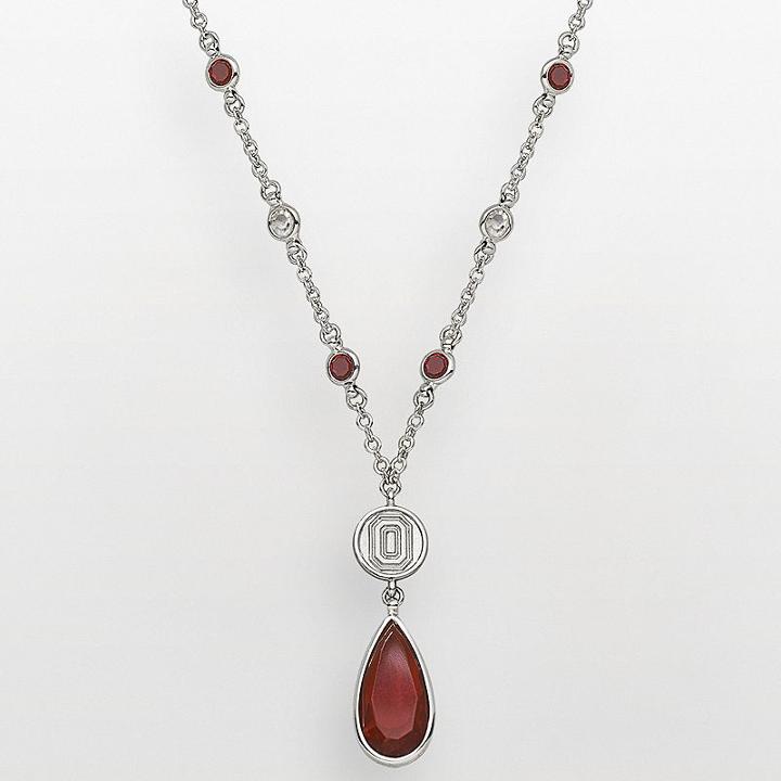 Ohio State Buckeyes Silver Tone Crystal Logo Teardrop Y Necklace, Women's, Red