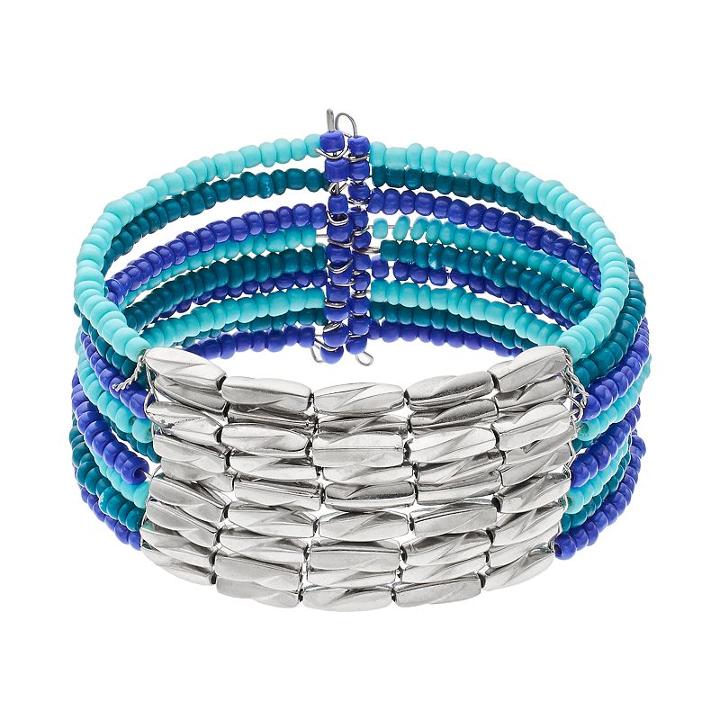 Blue Seed Bead Multi Row Cuff Bracelet, Women's