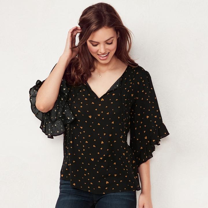 Women's Lc Lauren Conrad Print Flounce Sleeve Top, Size: Xl, Lt Beige