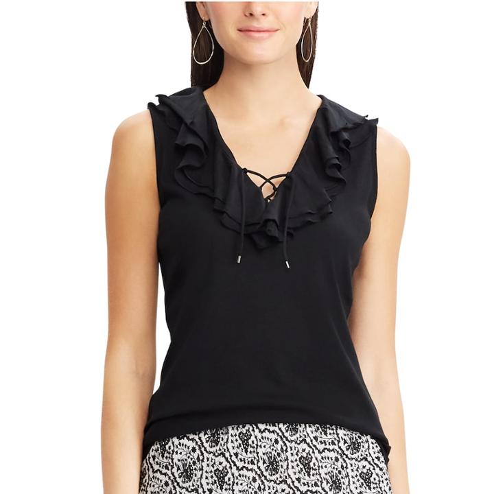 Women's Chaps Ruffle Lace-up Tank, Size: Small, Black
