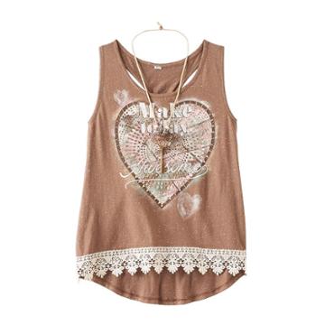 Girls 7-16 Knitworks Lace Hem Graphic Tank Top With Necklace, Girl's, Size: Small, Brown