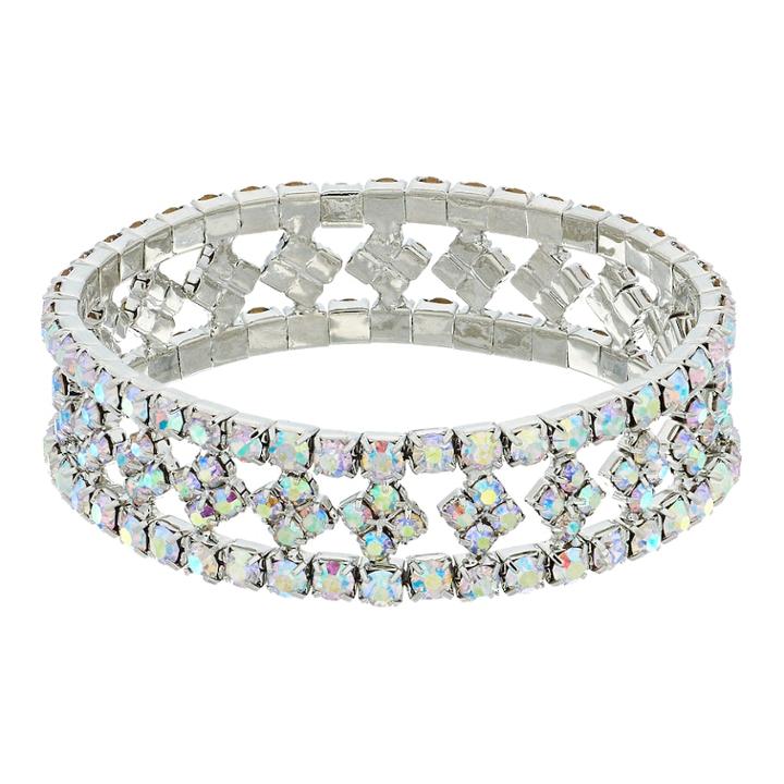 Simulated Crystal Open-worked Stretch Bracelet, Women's, Silver