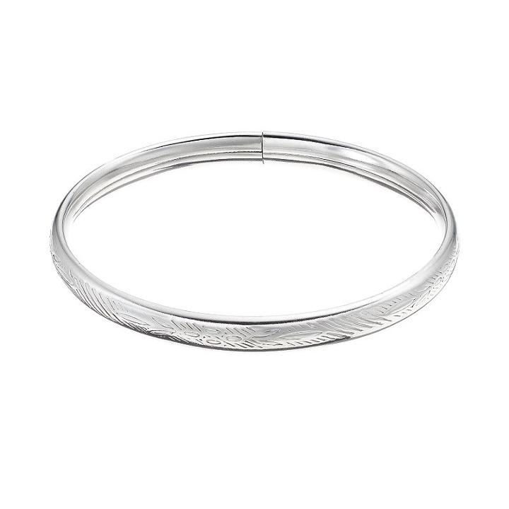 Charming Girl Sterling Silver Etched Bangle Bracelet - Kids, Grey