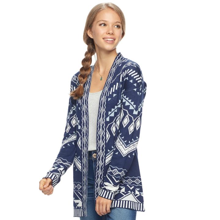 Juniors' Pink Republic Geometric Long Sleeve Cardigan, Teens, Size: Xl, Dark Blue