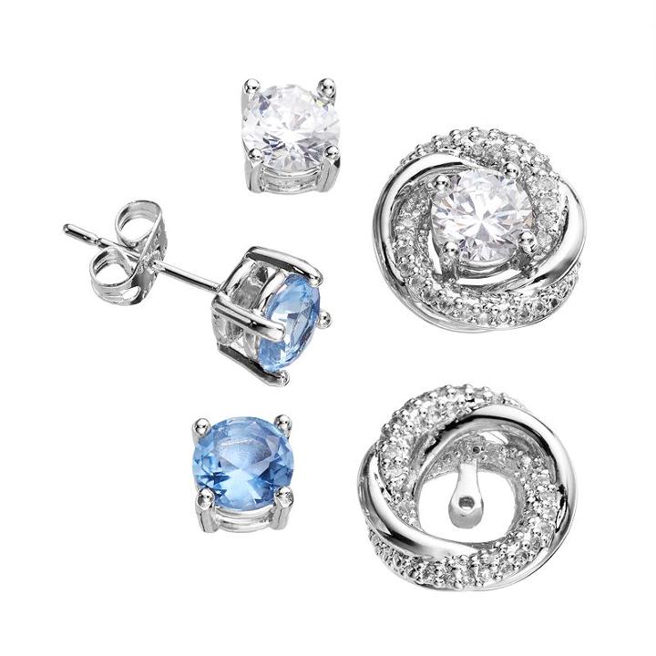 Silver-plated Cubic Zirconia Interchangeable Swirl Jacket And Stud Earring Set, Women's, Blue