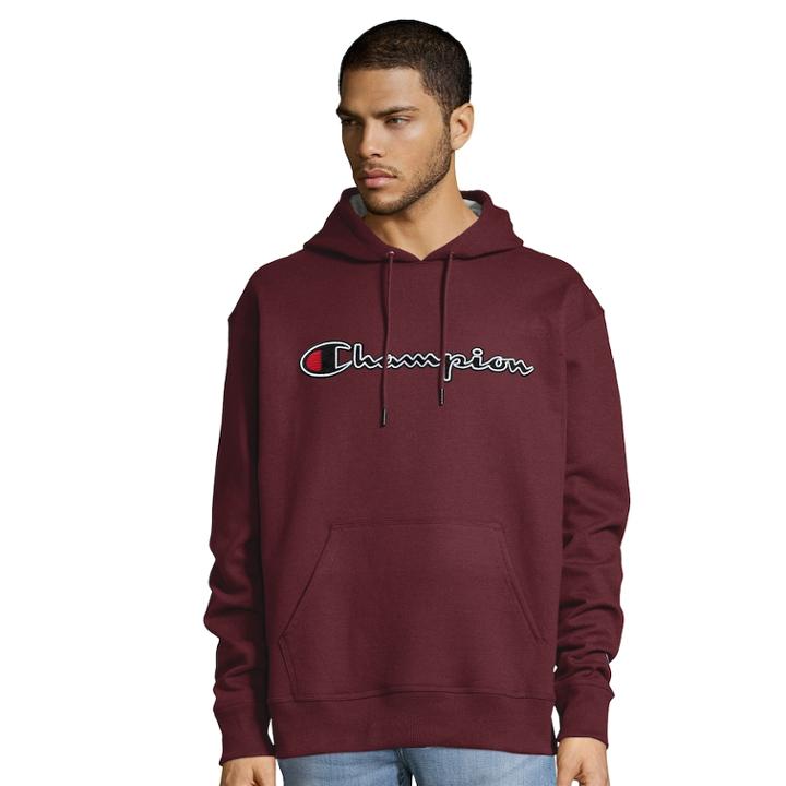 Men's Champion Script Logo Pull-over Hoodie, Size: Medium, Dark Red
