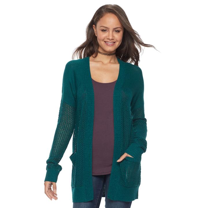 Juniors' So&reg; Drop Shoulder Open Stitch Cardigan, Teens, Size: Medium, Med Green