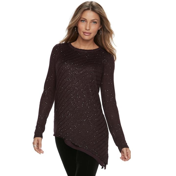 Women's Apt. 9&reg; Asymmetrical Sequin Crewneck Sweater, Size: Small, Purple