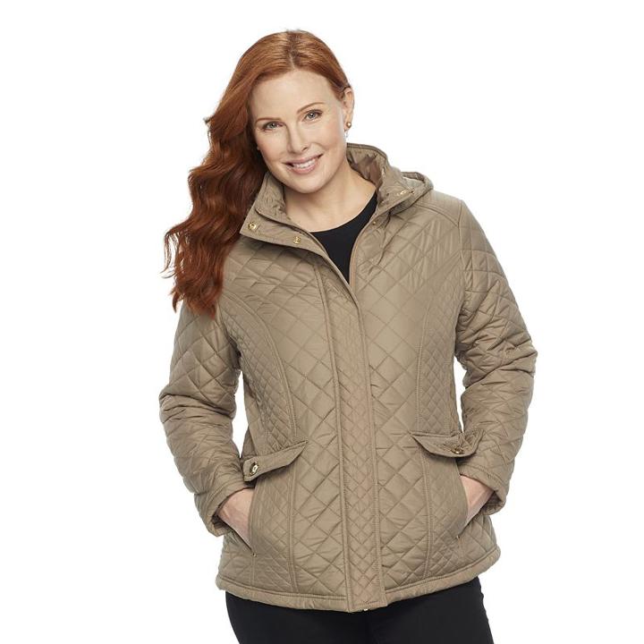 Plus Size Weathercast Hooded Quilted Side-stretch Jacket, Women's, Size: 1xl, Beig/green (beig/khaki)