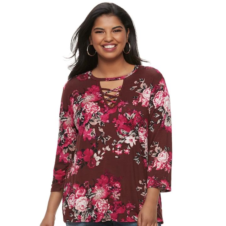 Plus Size Juniors' Liberty Love Floral Lace-up Top, Teens, Size: 3xl, Dark Red