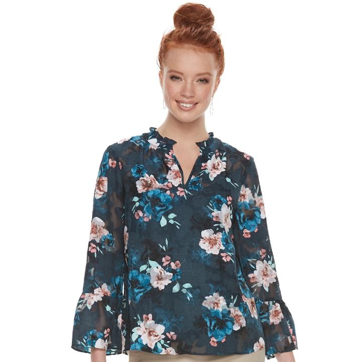 Women's Elle&trade; Ruffle Floral Blouse, Size: Large, Dark Blue
