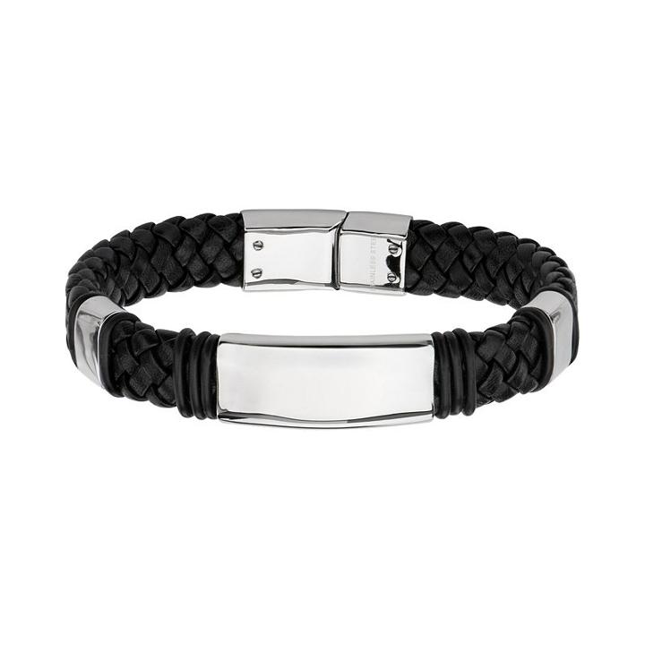 Stainless Steel Leather Braided Bracelet - Men, Size: 8.5, Black