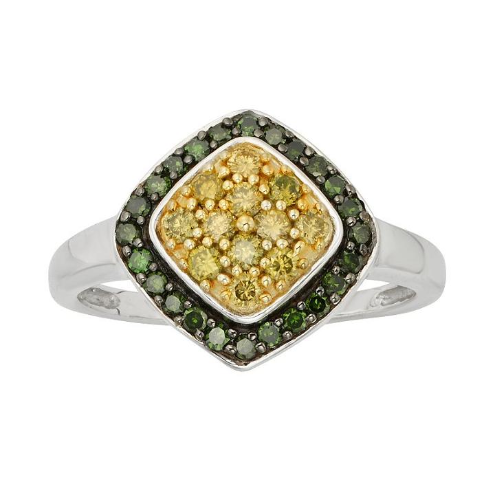 Sterling Silver 1/2-ct. T.w. Green And Yellow Diamond Halo Ring, Women's, Size: 7, Multicolor