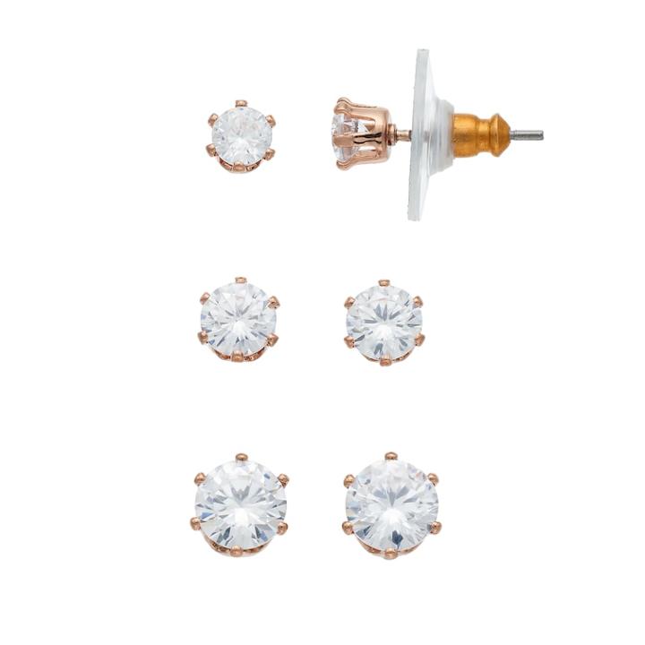 Napier Cubic Zirconia Nickel Free Solitaire Stud Earring Set, Women's, Pink