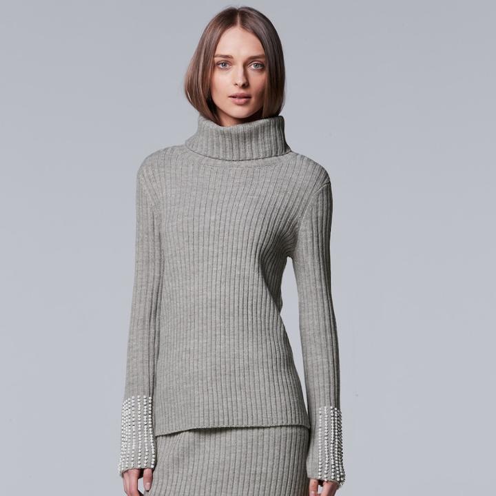Women's Simply Vera Vera Wang Embellished Turtleneck Sweater, Size: Xl, Med Grey