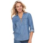 Juniors' So&reg; Lace-up Chambray Utility Shirt, Teens, Size: Medium, Med Blue