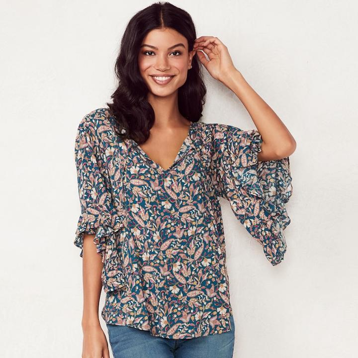 Women's Lc Lauren Conrad Print Flounce Sleeve Top, Size: Xs, Dark Blue