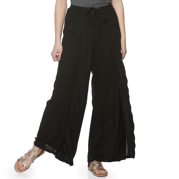 Juniors' Vanilla Star Crochet Soft Wide-leg Pants, Teens, Size: Small, Black
