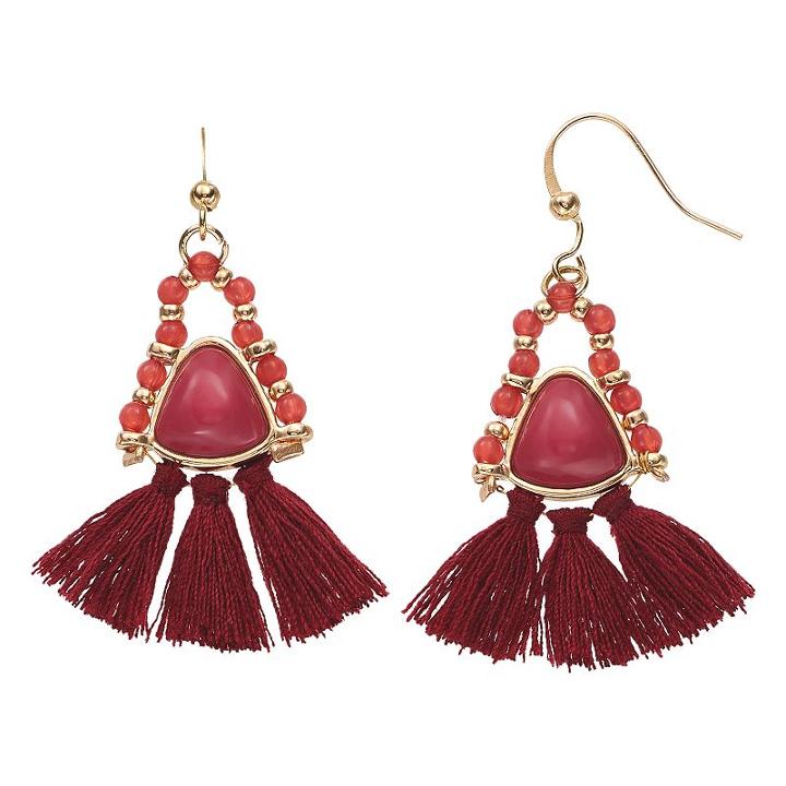 Red Tassel Fan Nickel Free Drop Earrings, Women's, Multicolor